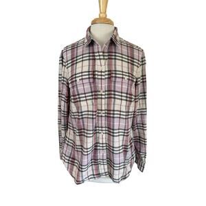 LL BEAN Signature Flannel Button Up Shirt Black Red Plaid Size 14 Womens L/S